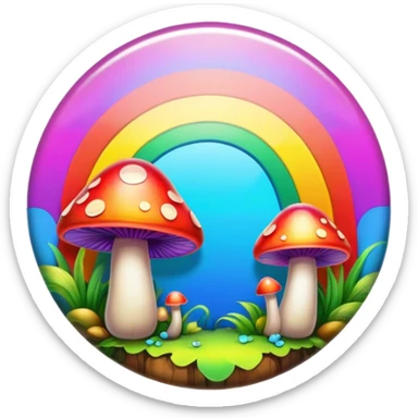 A round psychedelic colored button with bezeled edges and rainbow colored mushrooms sticker
