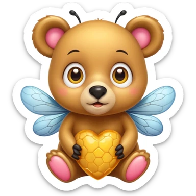 a cute bear with honey and bee and hearts, with big eyes sticker