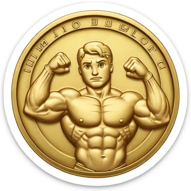 A gold coin engraved by a bent arm showing a big biceps. No human, only the arm sticker