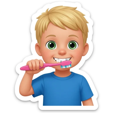 Use the same 3 year old blonde boy with green-blueish as before eyes happy brushing his teeth with a blue tshirt on sticker