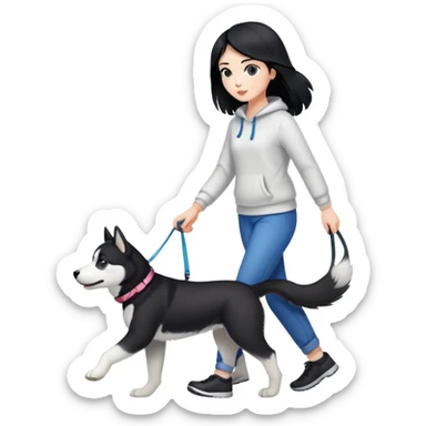 A black-haired girl walks a black and white husky sticker