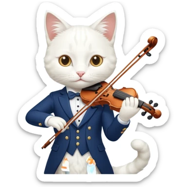 white cat play violin, wear navy suit sticker