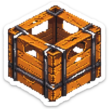 wooden crate with metal bands, orange brown color scheme, breakable box, 32x32 game asset sticker