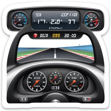 An icon showing a racing game interface, inspired by Grand Turismo. The design features a garage with a selection of high-performance cars, along with race track visuals in the background. Speedometer, lap timer, and other HUD elements add to the excitement. Transparent background sticker