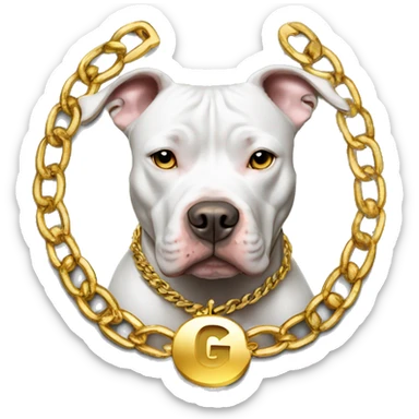 A dog pitbull and wearing big gold chain on that says G sticker