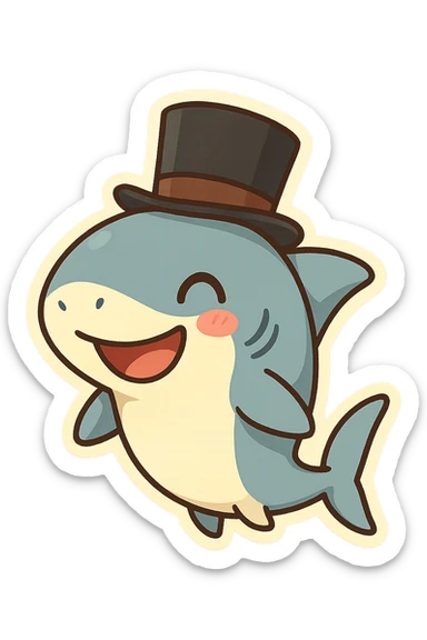 a playful shark with a fancy top hat, cartoon style, fun and expressive, cute character, friendly and approachable sticker