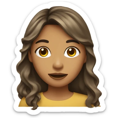 olive SKIN GIRL with long gold brown wavy hair and bangs holding paper sticker