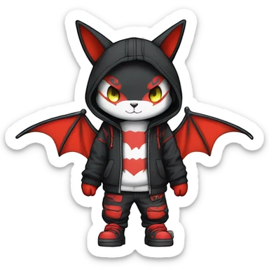 Dark Unique Anthro Cool Kawaii Bat-Winged Zangoose-Litten-Pokémon with edgy stripes Punk Techwear Hoodie Cargo Collar sticker