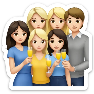 Group of friends 2 brunettes 2 blondes, one brunette guy with mimosa sticker