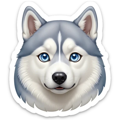 Cinematic Noble Siberian Husky Portrait Emoji, Poised and regal, with a strong, athletic build and a thick, well-groomed grey and white coat, piercing icy blue eyes, Simplified yet sharp and sophisticated features, highly detailed, glowing with a cool, dignified glow, high shine, intelligent and spirited, stylized with an air of endurance, focused and attentive, soft glowing outline, capturing the essence of a watchful and commanding sled dog, so majestic it feels as though it could sprint out of the screen with effortless authority! sticker