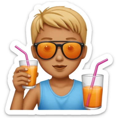 Sun is wearing sunglasses and drinking juice with stra sticker