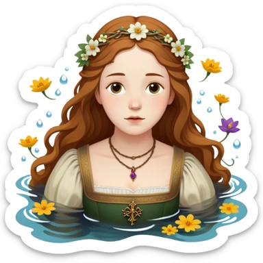 Ophelia from Hamlet floating in water surrounded by flowers, with a tragic expression, wearing a medieval dress, based on Millais painting and Shakespeare's character sticker