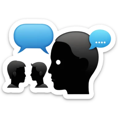 Minimalistic flat vector icon, iOS style, thin black contour on white background. Human head with speech bubble and small group of people silhouettes listening. Clean, no text, no shadows sticker
