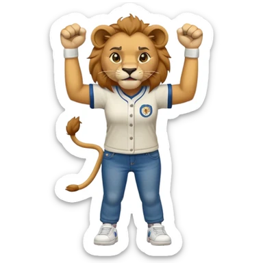 friendly anthropomorphised female lion wearing baseball shirt, jeans, trainers, standing upright with one fist raised, angry expression, no sunglasses sticker