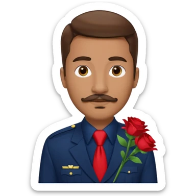 Homme avec bouquet fleurs blanches, avec uniforme bleu foncé cravate rouge, arabe raie sur le coté, brun un peu bronzé et yeux marrons 23 ans bouc moustache sans fleurs sur le costume  sticker