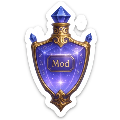 Extremely luxurious crystal elixir bottle in shield shape, color #7986cb, with inscription 'Mod', enhanced glow, edges, ornaments, golden details, subtle magical effects, unique shape accents like additional crystals, light streams, magical symbols. Transparent background, beautiful seamless bottom, bottle clearly floating in air without base or shadow, premium class, modern, fits collection. sticker