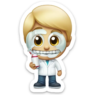 A little kid with sharp teeth looking at medicine sticker