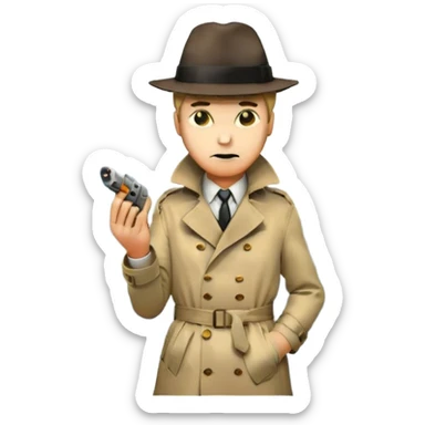 Vintage detective movie poster-style emoji. A classic noir scene with a detective in a trench coat and fedora,crime scene tape, and a smoking gun. A shadowy cityscape in the background with dim streetlights and fog. Dramatic lighting and a retro cinematic feel. Transparent background. sticker
