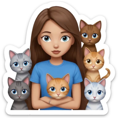a pretty bratz dusky light skin girl with long brown hair, blue eyes with six cats nd wearing a grey tshirt sticker