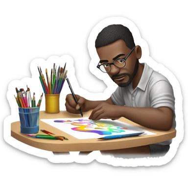 👨‍🎨📱✍️ A creative man is focused, drawing on an iPad with a stylus. He has a look of concentration on his face, using the iPad placed on a table. The background is bright, with art tools like brushes and pencils around him. 🎨 sticker