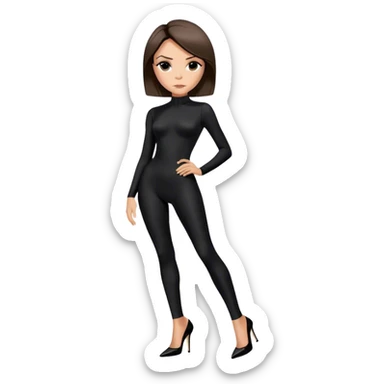 Victoria Beckham with light skin, short dark brown bob, black catsuit wearing black heels sticker