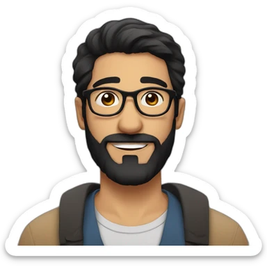 Arabic man, short black hair, round hipster glasses, dark beard and mustash, round-ish face, brown eyes, beautiful smile sticker