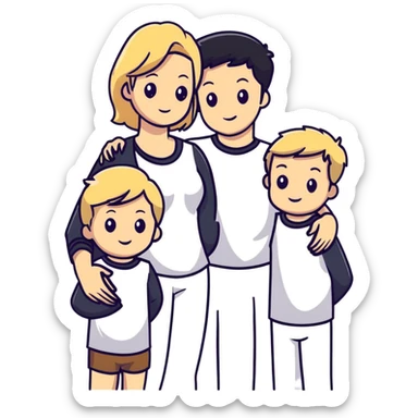 family with blond dad, brunette mom, blonde son, daughter with black hair, and a baby sticker