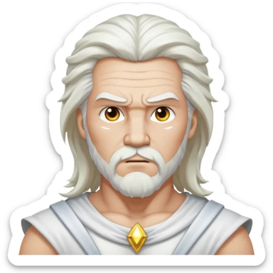 Zeus, whole body, white clothes, long white  hair, lightnings, determined face sticker