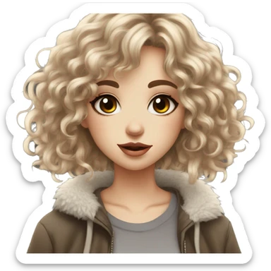 girl pretty, pale medium length curly hair dark brunette with hair layers, bangs, big hazel eyes, big lips, small nose, nose nostril piercing, three ear piercings sticker