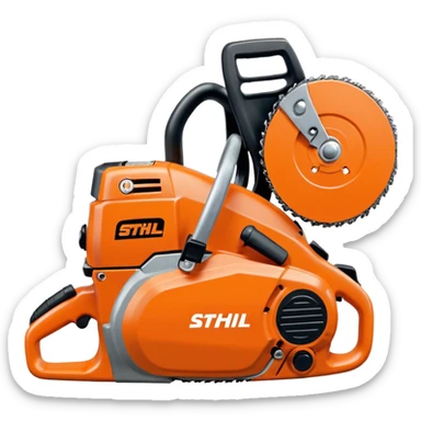 Kettensäge vom STIHL mit grauem Gehäuse, orangenem Deckel und schwarzen Griffen, die Schiene ist Grau, nicht Orange, mit Kette in Grau, seitlich ist das STIHL Logo in weißer Schrift in einem orangenem Kreis platziert sticker