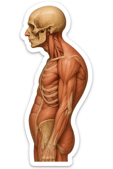 corpo UMANO ANATOMICO di profilo con spalle chiuse in avanti, postura errata, iperrealistico 4k sticker