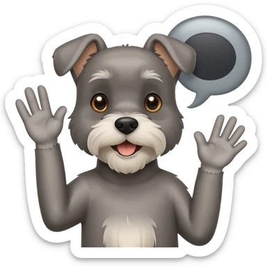 Happy Schnauzer waving hello. A speech bubble with HELLO sticker