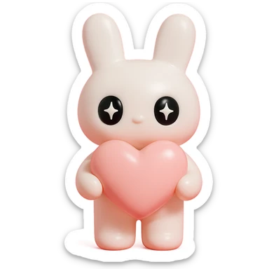 white bunny holding a big heart with sparkling eyes, vinyl figure style sticker