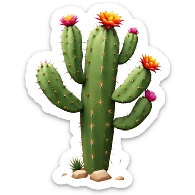 Cinematic Realistic Cactus Emoji, Tall and spiny, with thick, rounded stems covered in sharp spines. Bright flowers bloom at the tips of some branches, adding a pop of color against the desert backdrop. Soft glowing outline, capturing the essence of strength, survival, and desert beauty in a striking cactus! sticker