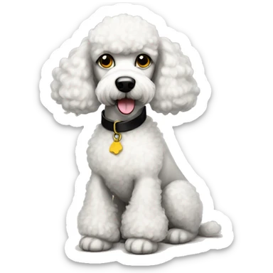 white poodle with black splotches and brown eyes, yellow collar sticker