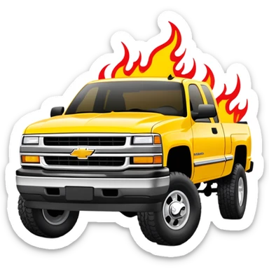 1997 Chevrolet Silverado C-2500 in bright yellow with screen-accurate red flame decal printed on the hood, faithful to Kill Bill movie design, 30-degree angle, iOS emoji style sticker