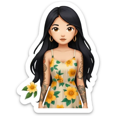 Beautiful Asian girl with long black hair and body tattoos wearing a floral sundress sticker