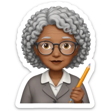 old woman teacher, brown skin, curly grey white hai, wearing glasses, hold chalk on hand sticker