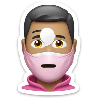 Man in pink jacket hood up, identity hiding plastic mask with white circle in the middle  sticker