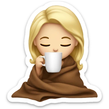 blonde girl sitting in a blanket sipping coffee with eyes closed sticker