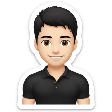 a pretty bratz fair lean muscles boy with a black polo shirt on. shaggy black hair. smiling sticker