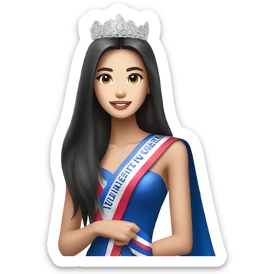 Miss Universe Thailand with long straight hair and a sash sticker