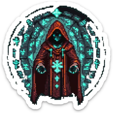 Add glowing magical runes floating around the hooded figure's hands in the pixel art style, keeping the transparent background. sticker