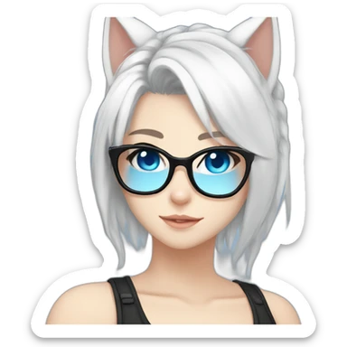 anime style white hair catgirl, black glasses, tank top, pony tail hair, blue eyes sticker