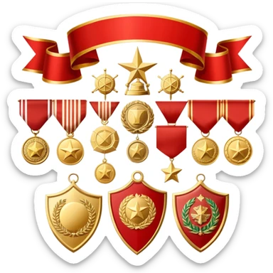 Icon for Collecting Orders, Medals & Badges: a variety of vintage orders, medals and badges, displayed neatly on a big red pennant or in a display case. The icon should reflect the honor and historical significance of these collectible items. Transparent background. sticker