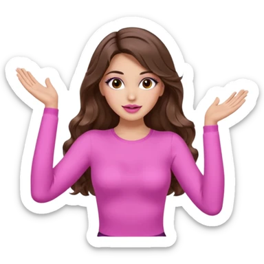 girl with long wavy brown hair, brown eyes, long lashes makeup, sexy pink lips, light to medium complexion, wearing a pink sexy top, both hands in the air high sticker