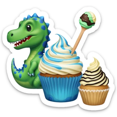 A cupcake having blue and black icing and a dinosaur as a decoration and ice cream next to it sticker