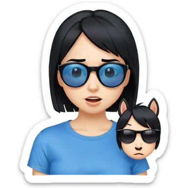 A girl with black bob hair with pony, wearing black sunglasses，funny(0.5) face (0.5)，wacky expression, a blue t-shirt. sticker