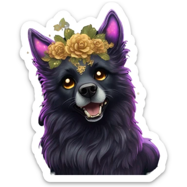 Black iridescent fluffy dog fox head zombie skeleton gold mechanical nebula galaxy stars flowers fairy lights vintage sticker