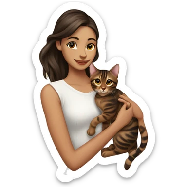 Beautiful woman long dark brown hair hug bengal cat sticker